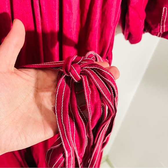 NEW Aje Rebellion Midi Dress Puff Sleeve Embroidered Silk Linen Blend Red Wine - Picture 6 of 11